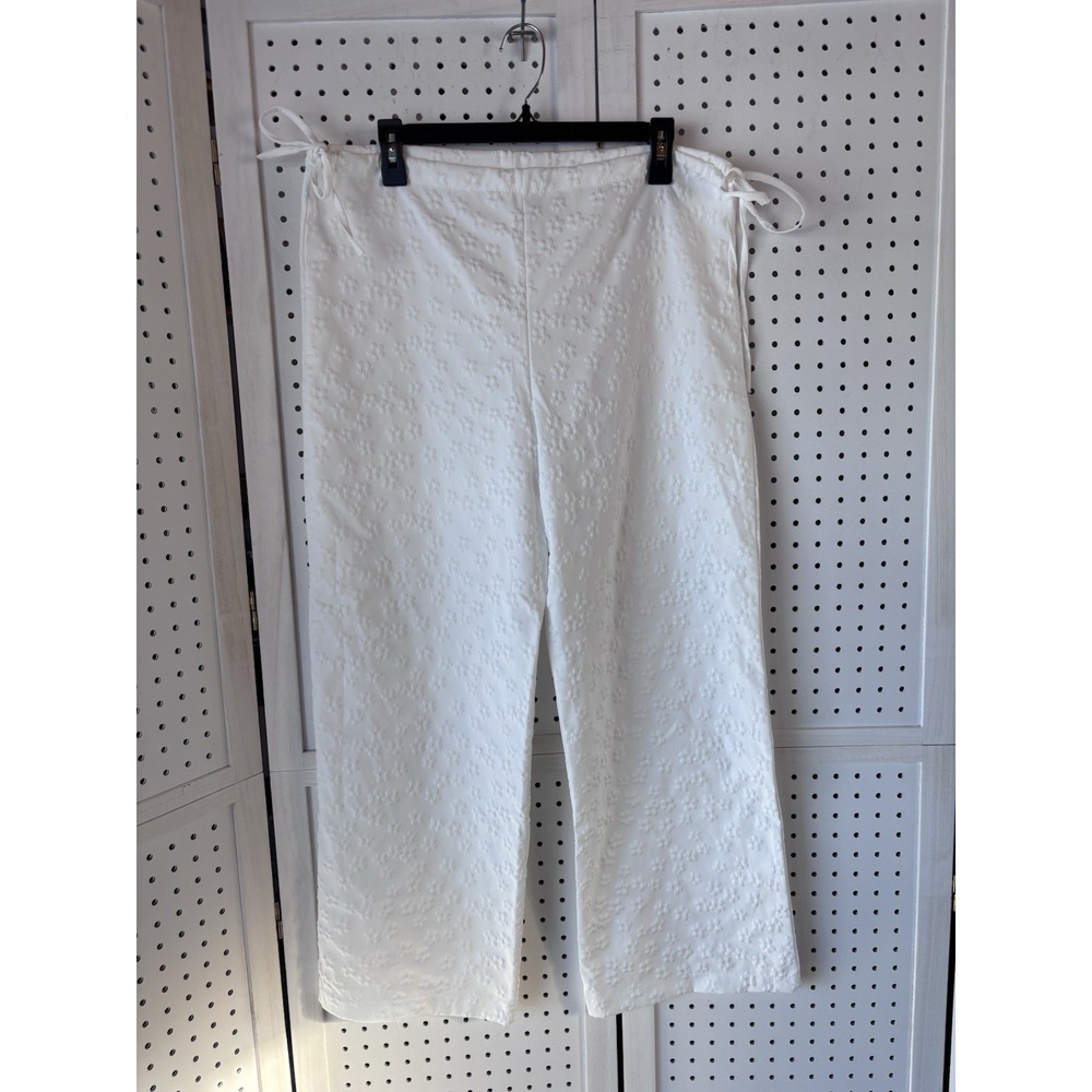 Bambi LG/XL White Side Tie Beachy Cover Up Boho Wideβ Leg Floral Textured Pants
